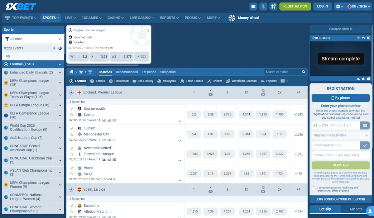 1xBet Soccer Betting Platform Screenshot